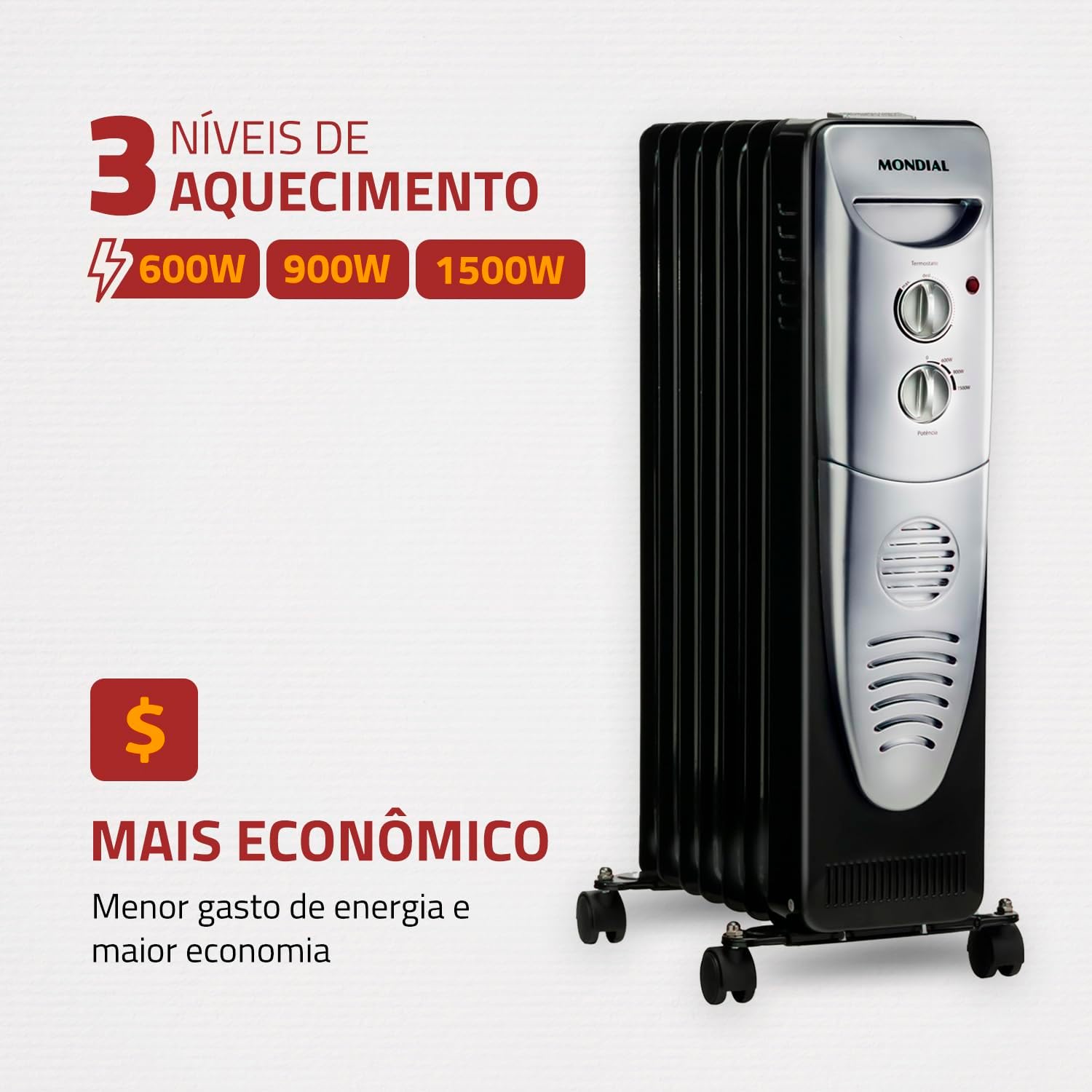 Aquecedor a Óleo Mondial A-06 1500W 220V Preto e Prata — foto 3