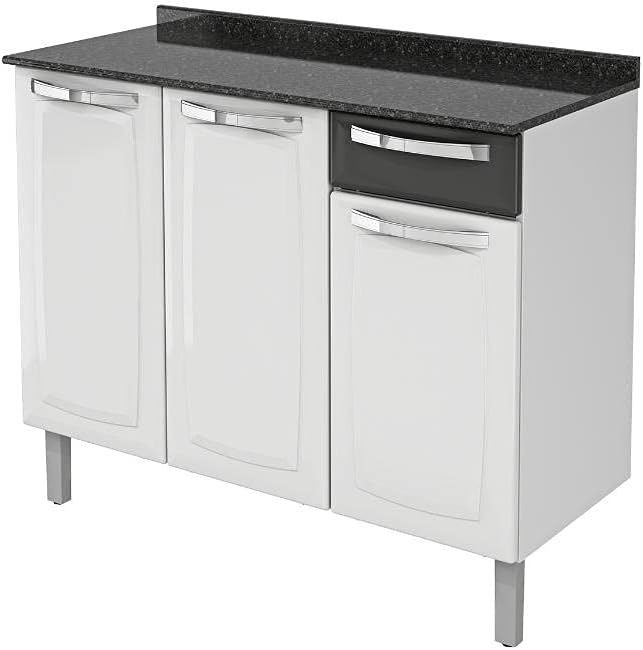 Balcão Cozinhas Itatiaia Rose - 3 Portas e 1 Gaveta - Branco e Preto