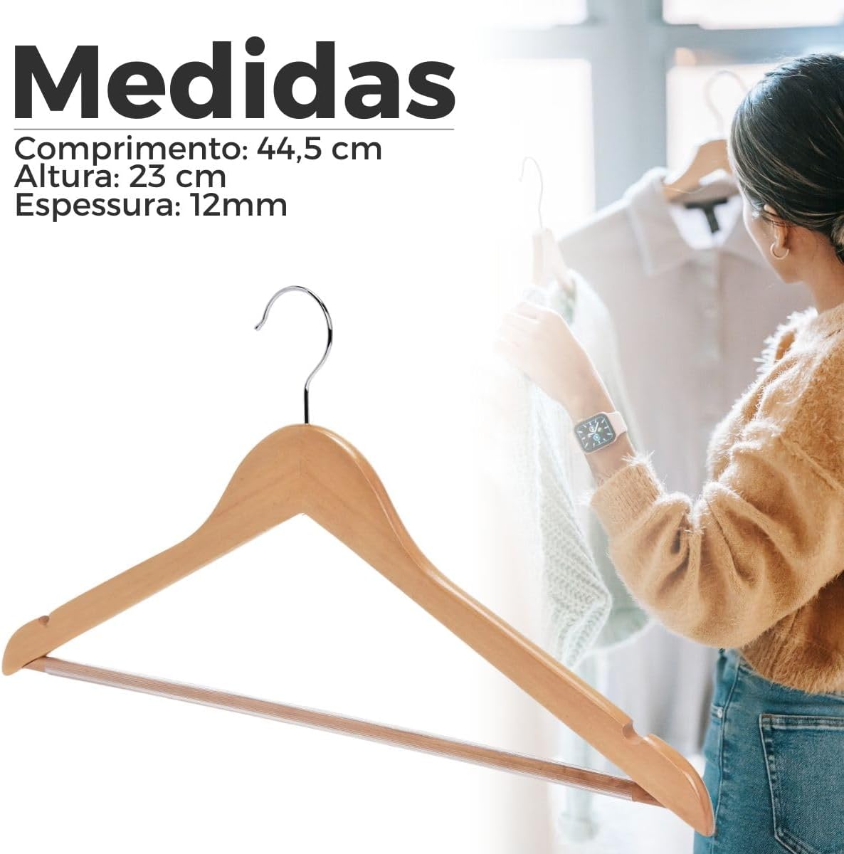 Cabide de Madeira Maciça Marfim Reforçado - Suporta até 5kg — foto 3