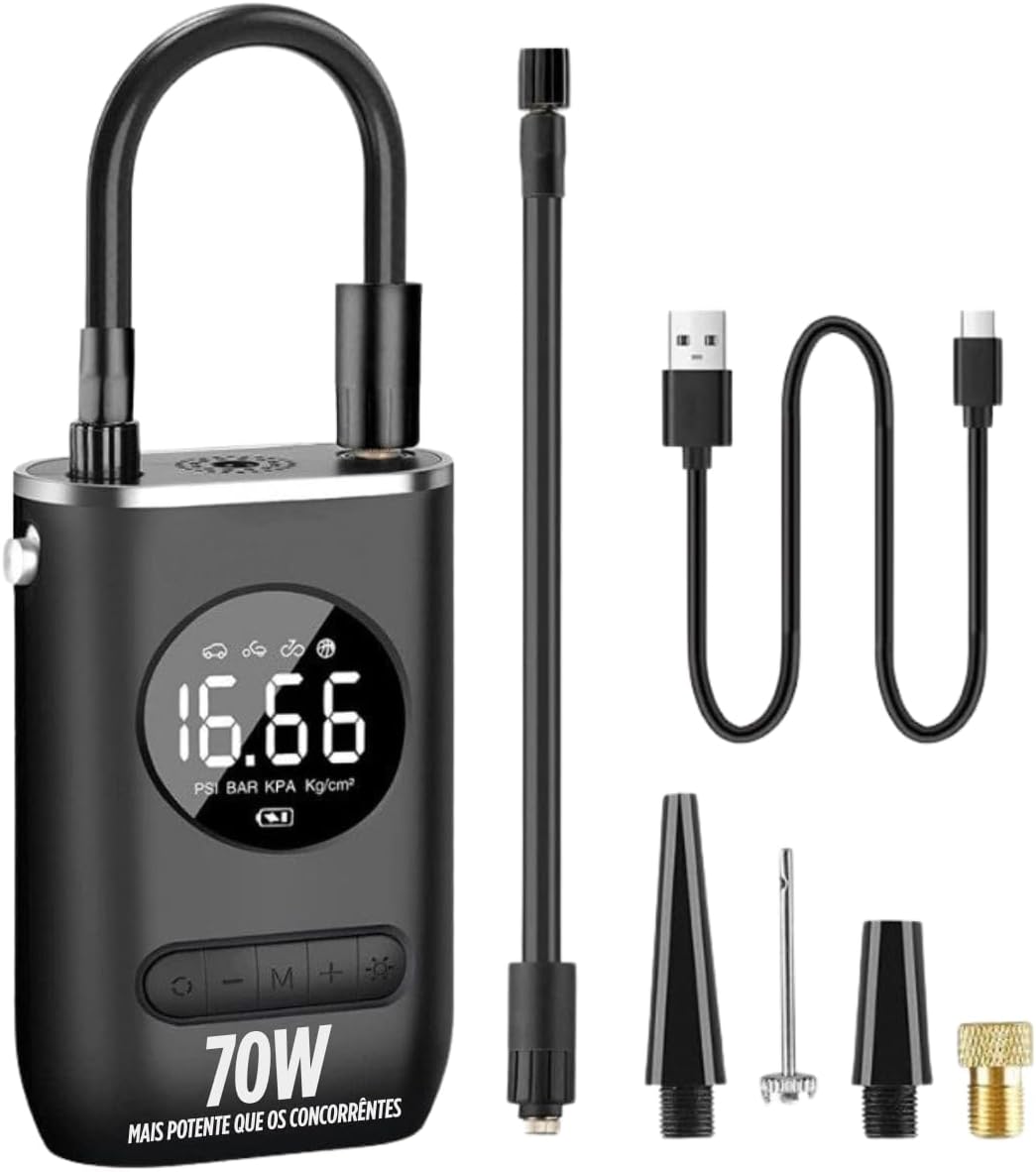 Calibrador Portátil Compressor Bomba de Ar Digital com Lanterna LED - Pneus de Carro, Moto e Bicicleta
