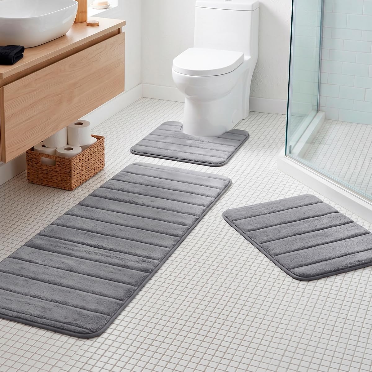Decolab Jogo de Tapetes para Banheiro Completo - Antiderrapante e Ultra Absorvente - 3 Peças - Cinza Escuro