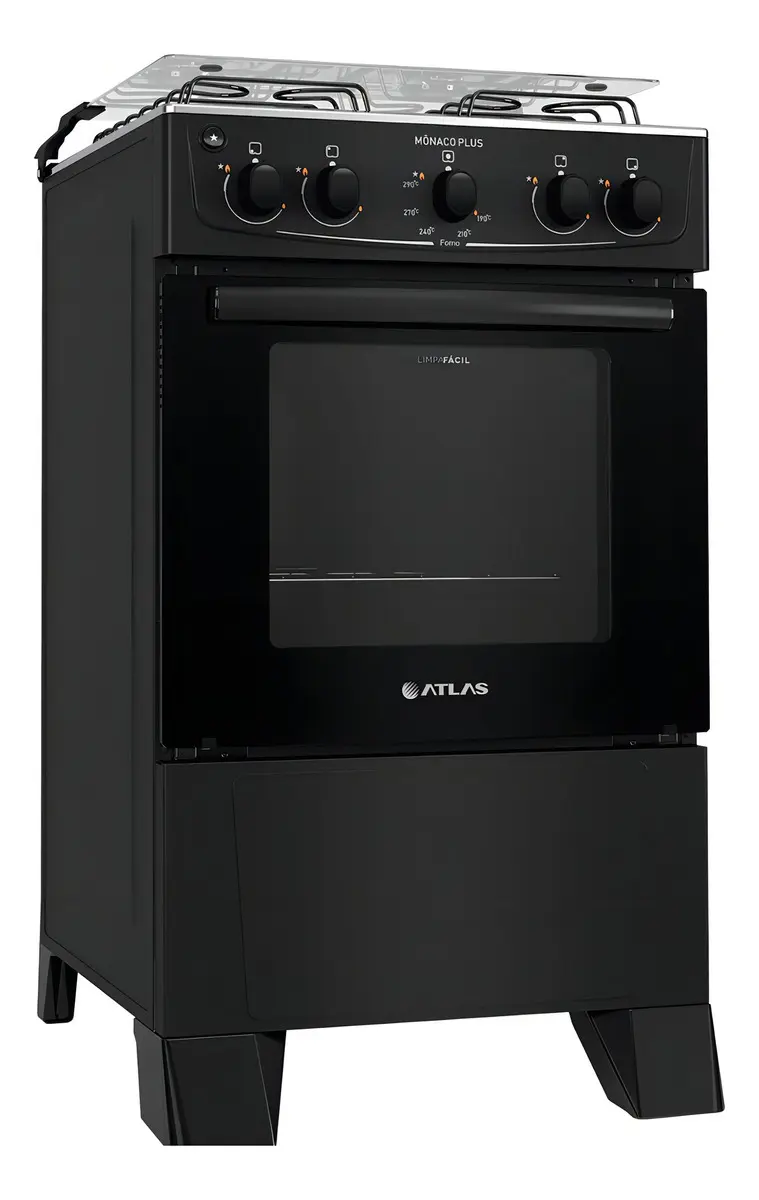 Fogão Atlas Mônaco Plus 4 Bocas Preto Mesa Inox Acendimento Automático Bivolt