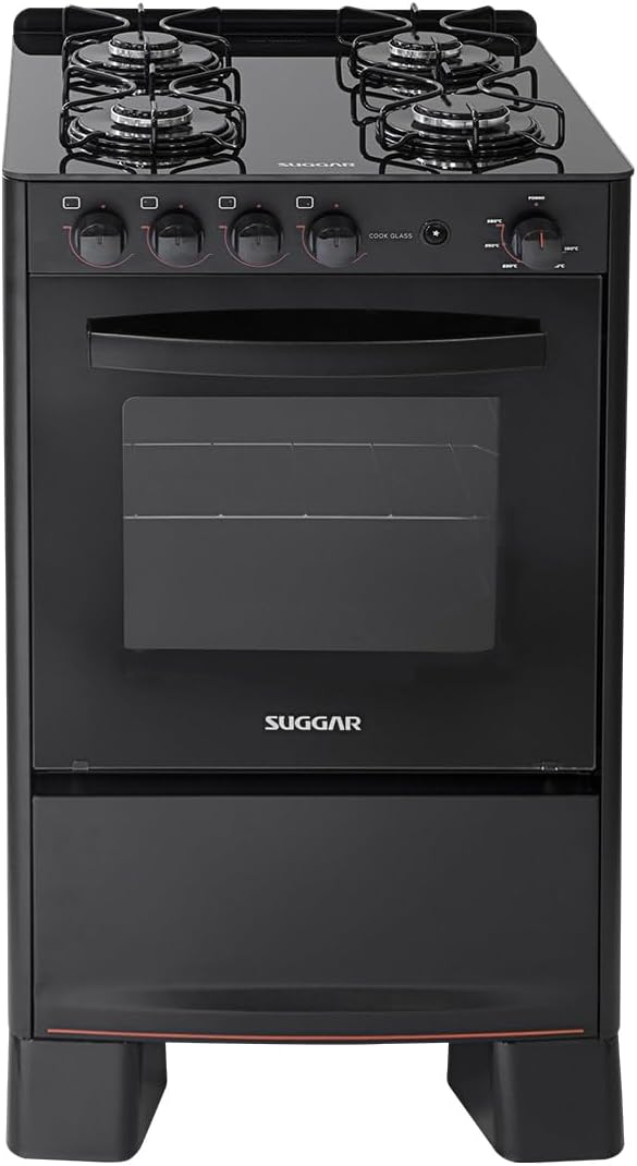Fogão Suggar Cook Glass 4 Queimadores Mesa Vidro Preto FGVCG410PT