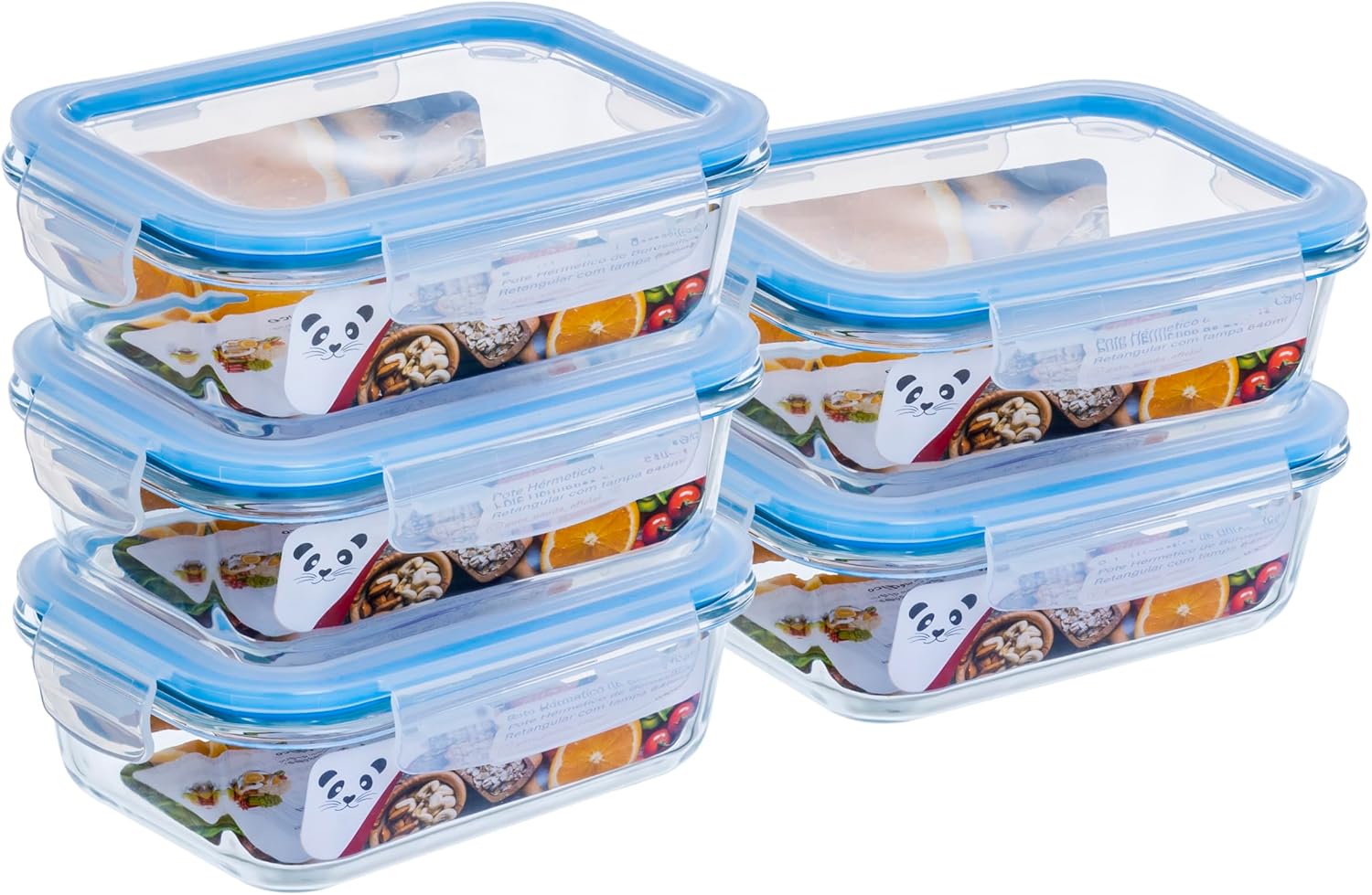 Kit de Potes de Vidro Retangulares Gato Panda com Tampa Hermética Azul - 640ml (5 Unidades)