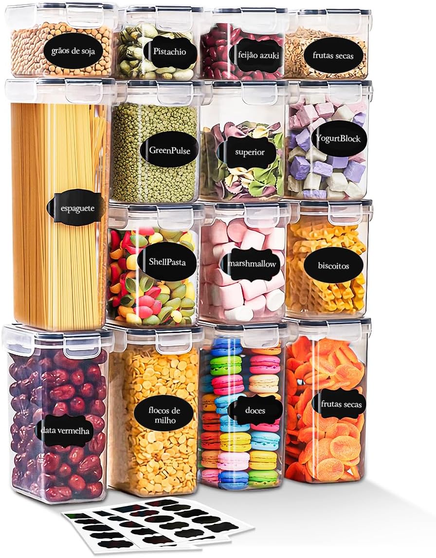 Kit de 15 Potes Herméticos para Alimentos - Organizador de Cozinha