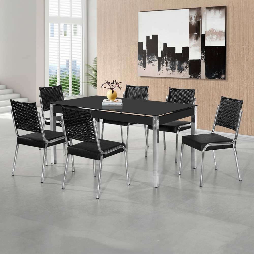 Conjunto de Mesa 6 Cadeiras Tampo de Vidro Aço Nobre