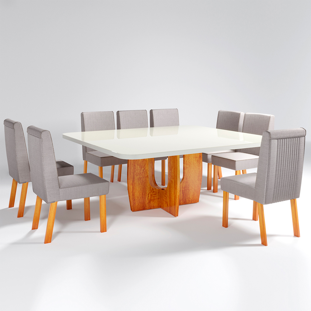 Conjunto de Mesa 8 Cadeiras Luxury MDF e Vidro Bom Pastor