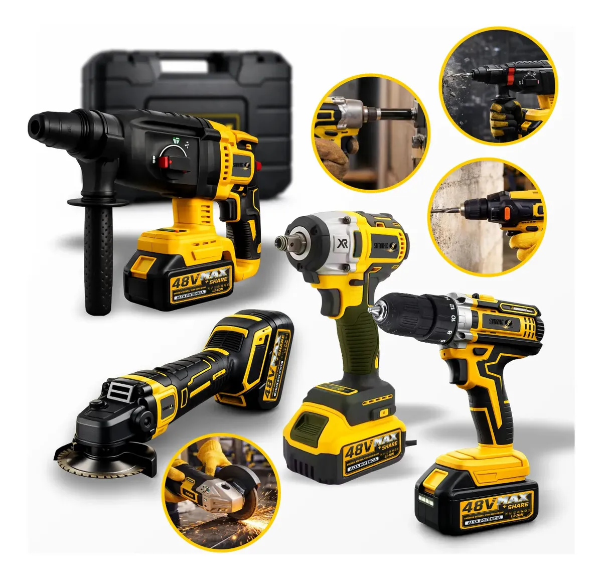Kit Multi Ferramentas 4 Em 1 48v Sem Fio Com 2 Baterias Furadeira Parafusadeira Martelete Esmerilhadeira Chave De Impacto Com Maleta Alta Potência