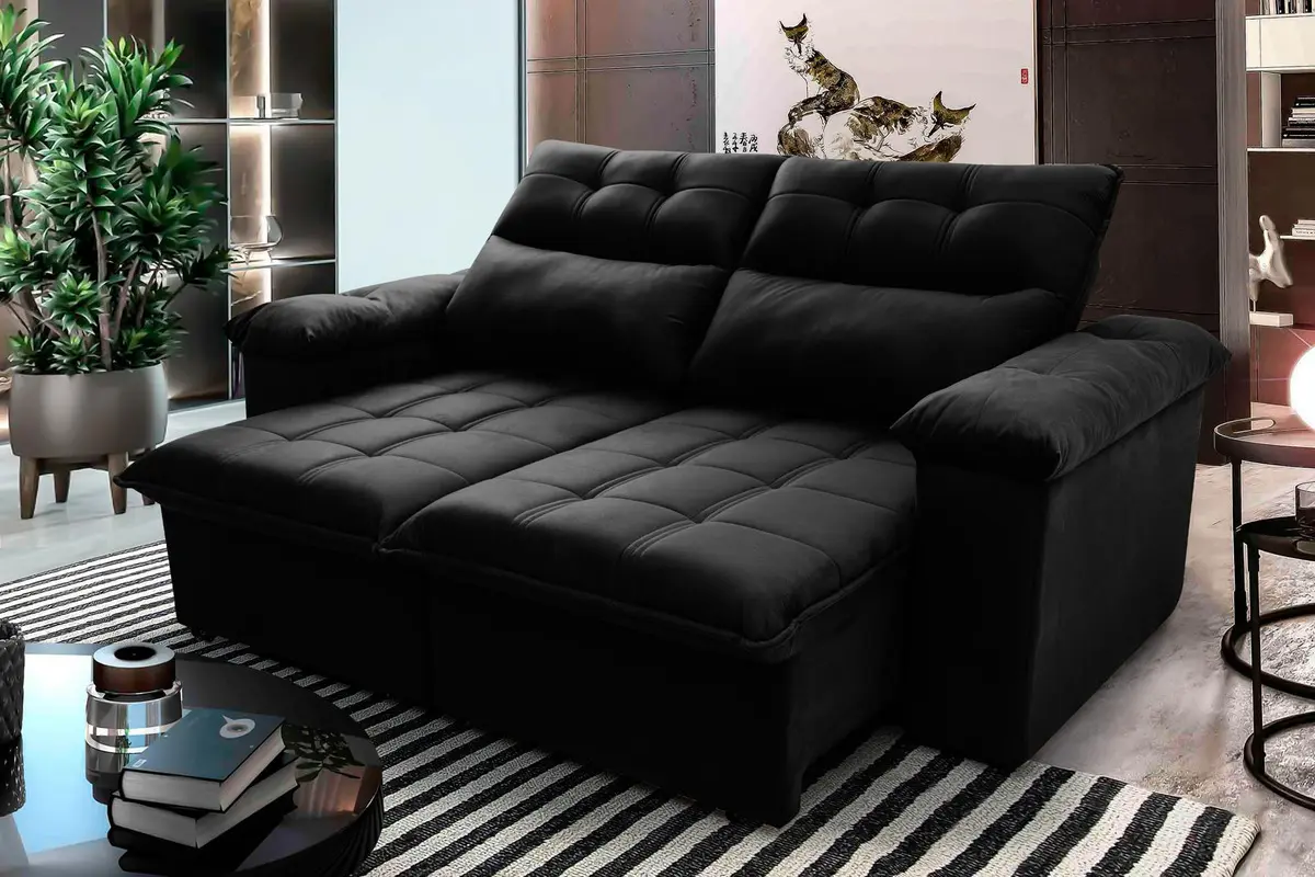 Sofá Retrátil Reclinável Verona 1,80m Preto Molas No Assento - King House