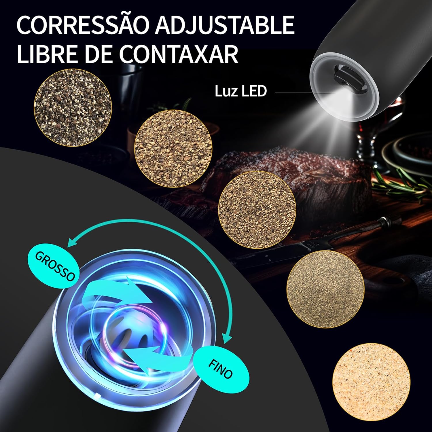 Moedor de Pimenta Elétrico Recarregável USB com Luz LED Ajustável — foto 3