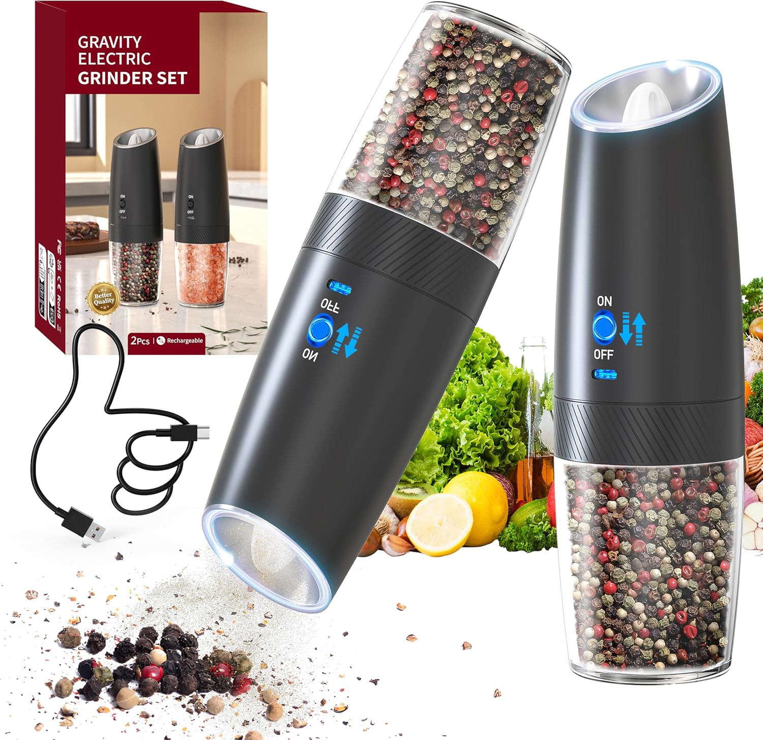 Moedor de Pimenta Elétrico Recarregável USB com Luz LED Ajustável