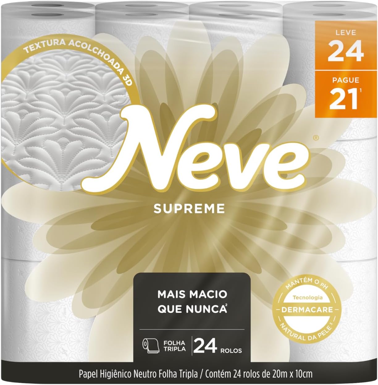 Neve Papel Higiênico Supreme Folha Tripla 20m - 24 Rolos