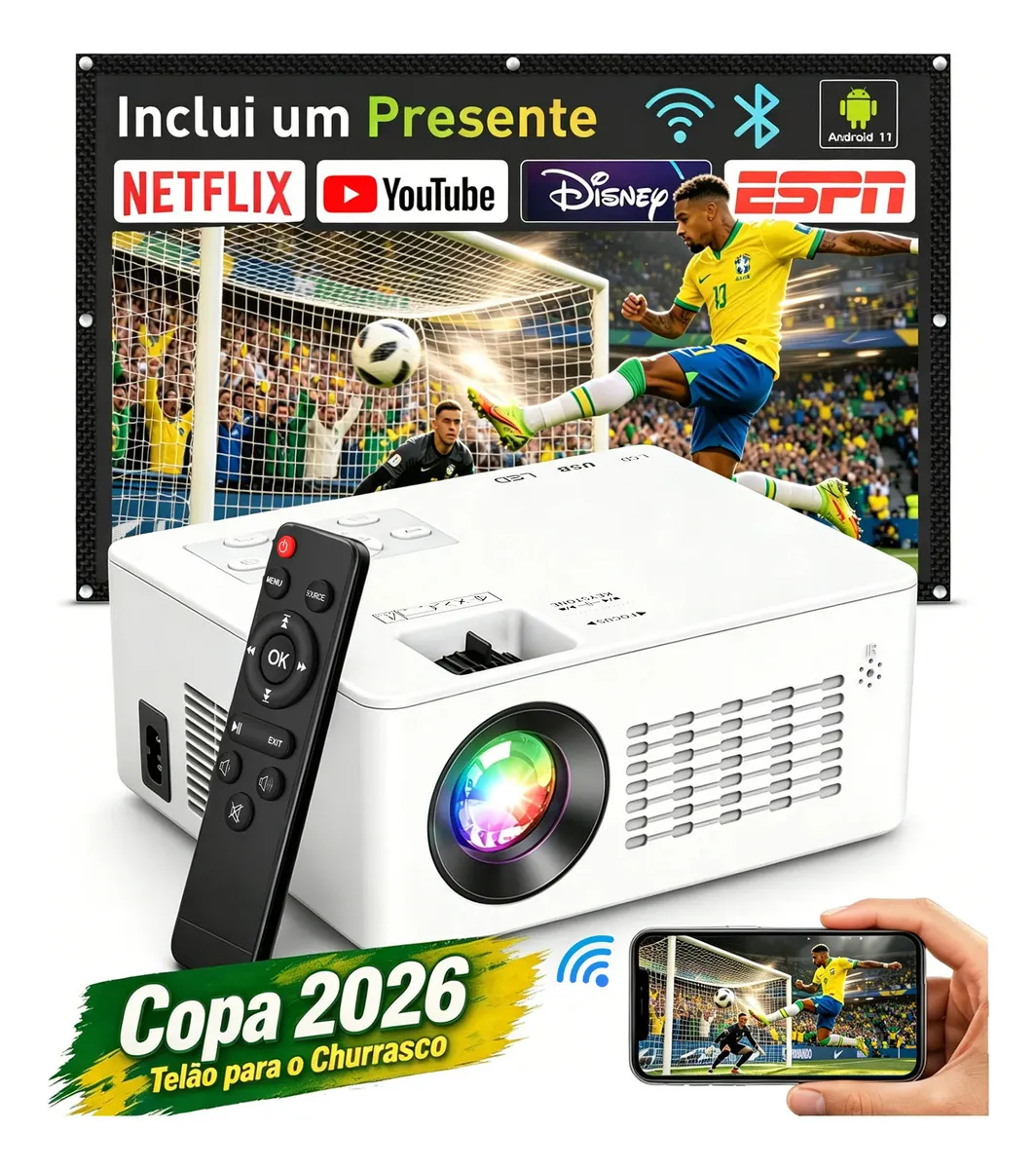 Projetor Profissional PT06 4K Portátil com Wi-Fi 5G