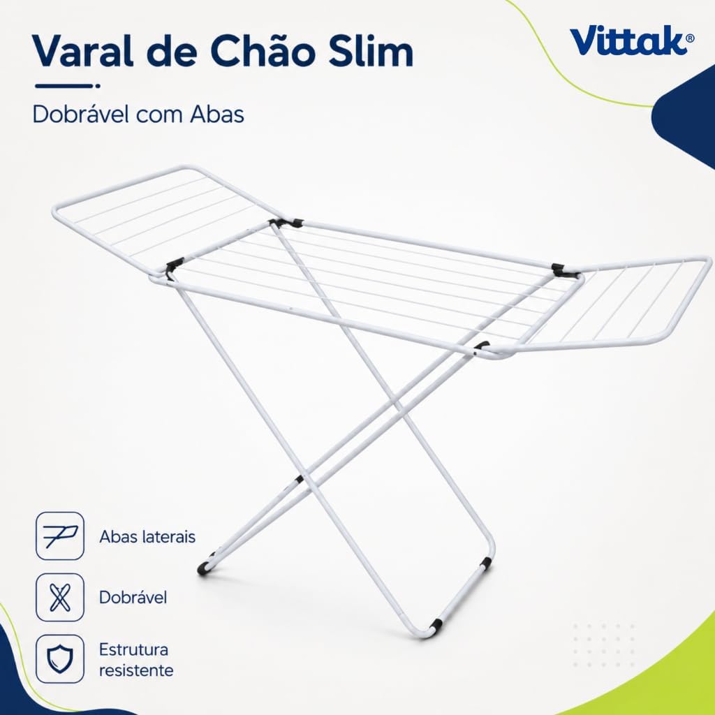 Vittak Varal de Chão Dobrável Slim Branco com Abas Laterais - Suporta até 15 kg